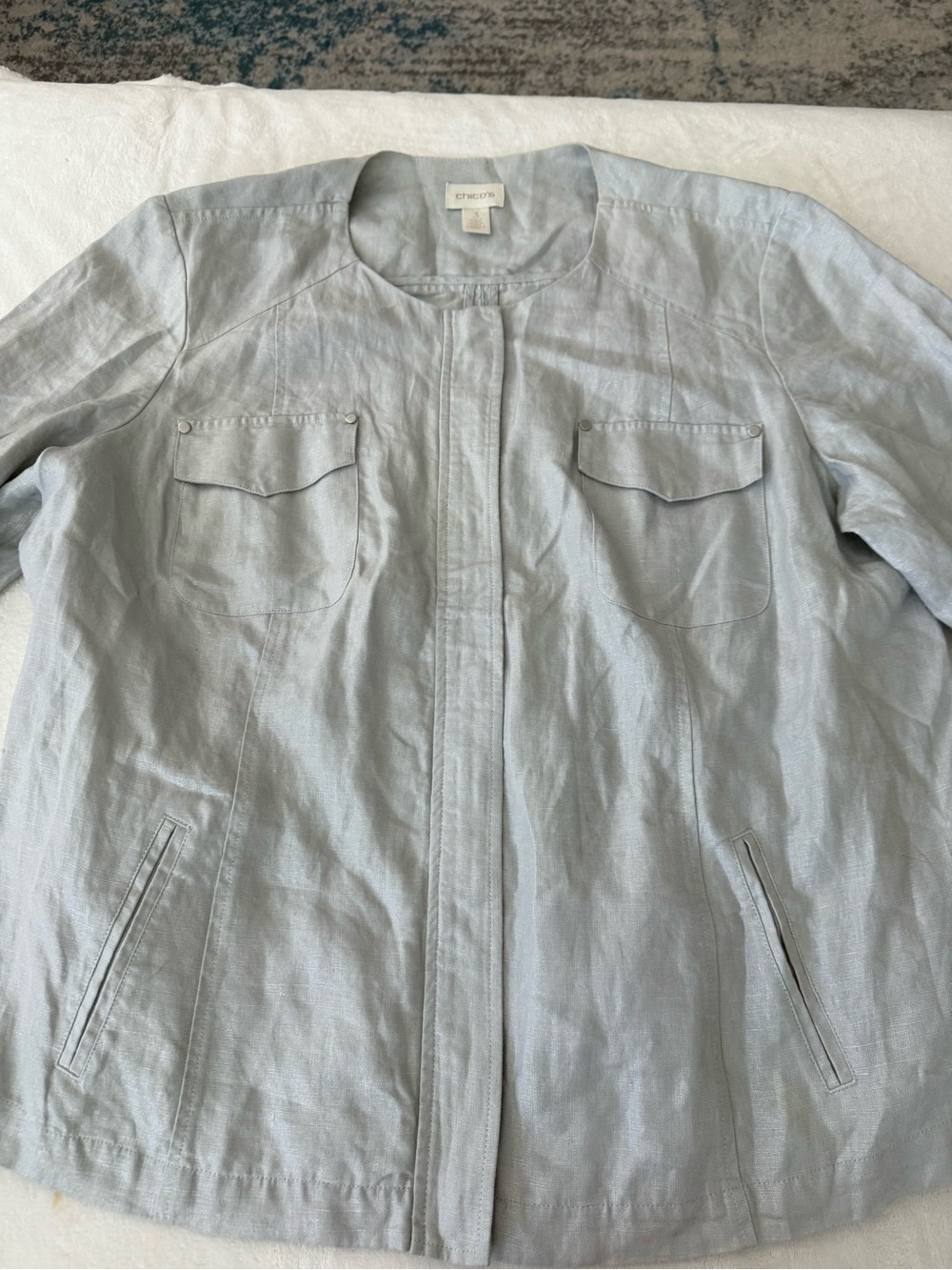 Chicos 3 Sz XL Silver Grey Foiled Linen Jacket 3/4 Sleeves Full Zip D84
